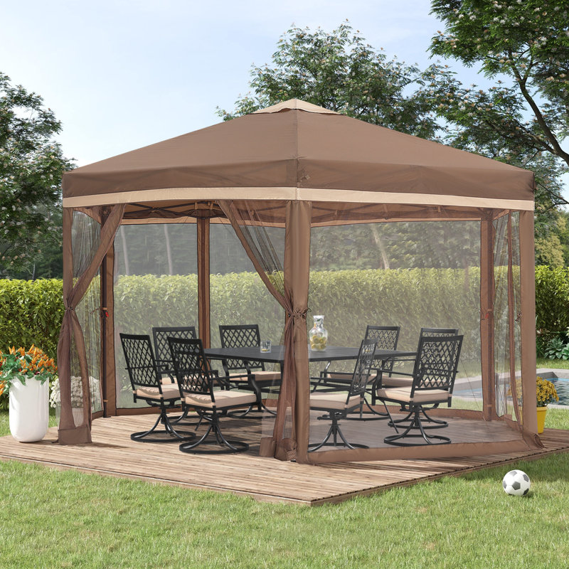 12 Ft. W x 12 Ft. D Hexagonal  Pop Up Gazebo with Zippered Mesh Netting, Beige