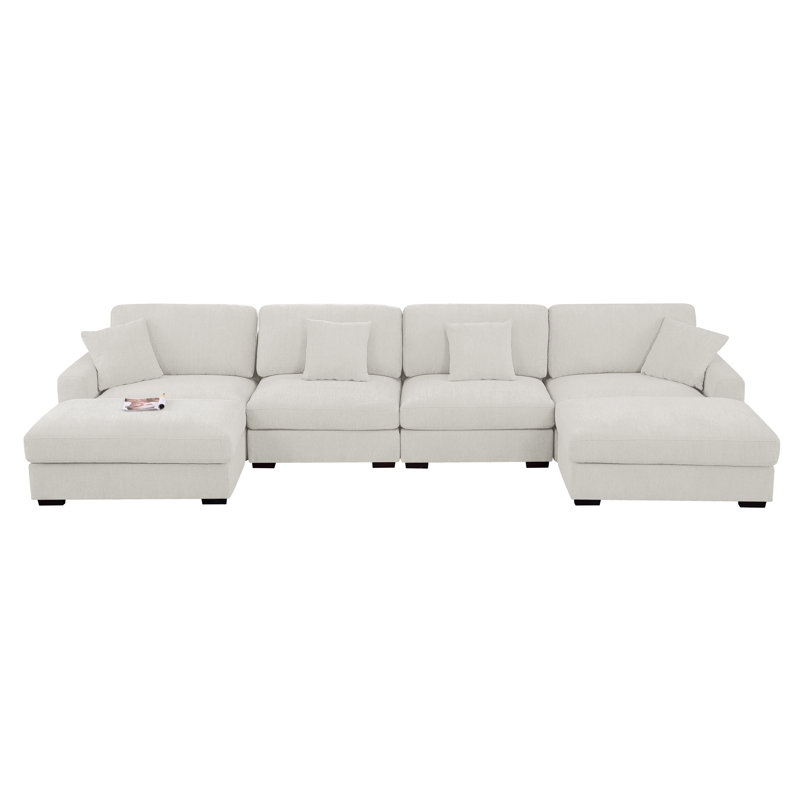 Chenille Modular 7-piece U-shaped Chaise Sectional, White Polyester