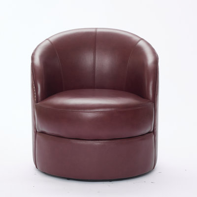 Dark Red Top-Grain Leather Swivel Accent Chair, 360° Smooth Spin, Mid-Century Modern Lounge Chair For Living Room/Office