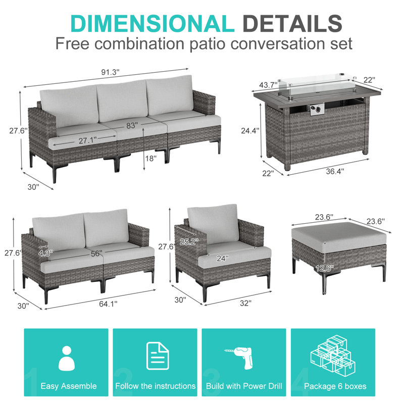 10-Piece Outdoor Patio Conversation Set With Cushions, Ottomans & Propane Fire Pit Table – All-Weather Wicker, Gray