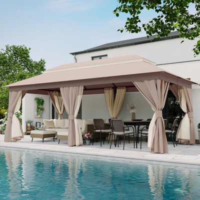 Pavillon de jardin extérieur 10 pi x 20 pi Decksplore avec double toit, moustiquaire, rideaux d'intimité et structure en métal robuste