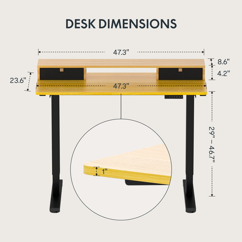Bureau debout à hauteur réglable avec 2 tiroirs Lysandre Home Office, H 48,6 po x l 47,3 po x P 23,6 po, Naturel/noir
