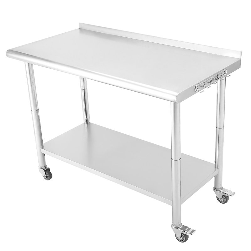Table de préparation en acier inoxydable de 36 po x 24 po avec roulettes verrouillables, tablette réglable, dosseret et crochets à outils pour la cuisine, le restaurant, le garage et l'entrepôt, bord courbé