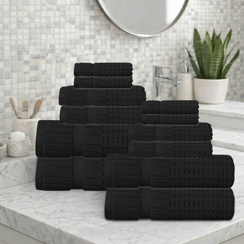 Ensemble de serviettes 12 pièces Willow - 100% coton peigné, qualité supérieure 630 g / m², noir, ultra-doux et très absorbant (ensemble de 4 serviettes de bain, 4 essuie-mains, 4 serviettes)