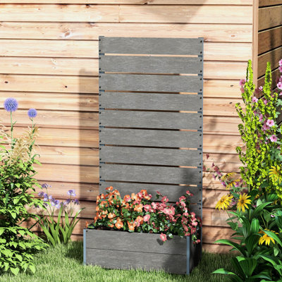 Lit de jardin extérieur surélevé gris avec treillis, drainage pour plantes et plantes grimpantes, bois texturé - construction en plastique, 27,91 po x 15 po 59 po, 9 gallons d'espace de culture, treillis en boîte renforcé en aluminium