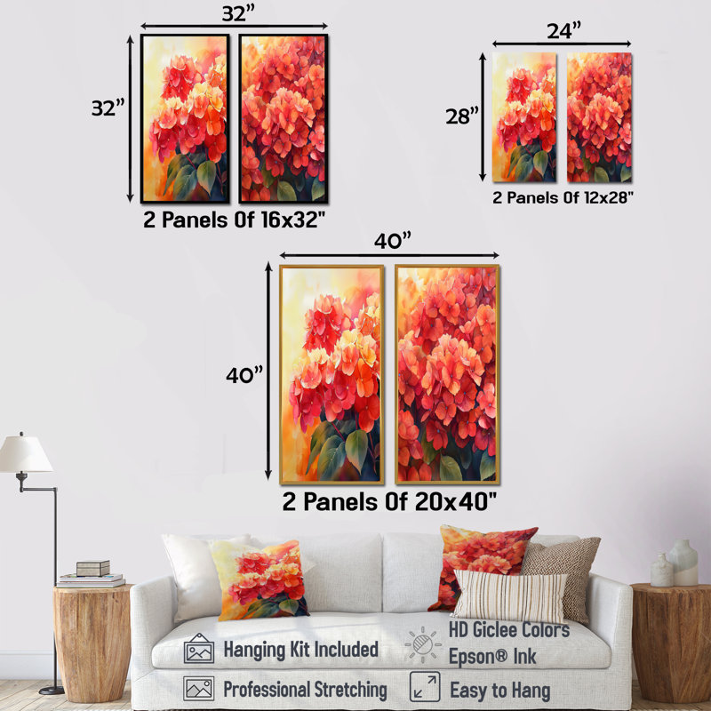 Hortensias dans la lumière d'automne I - Collection de 2 impressions sur toile florales, H 40 po x l 41 po