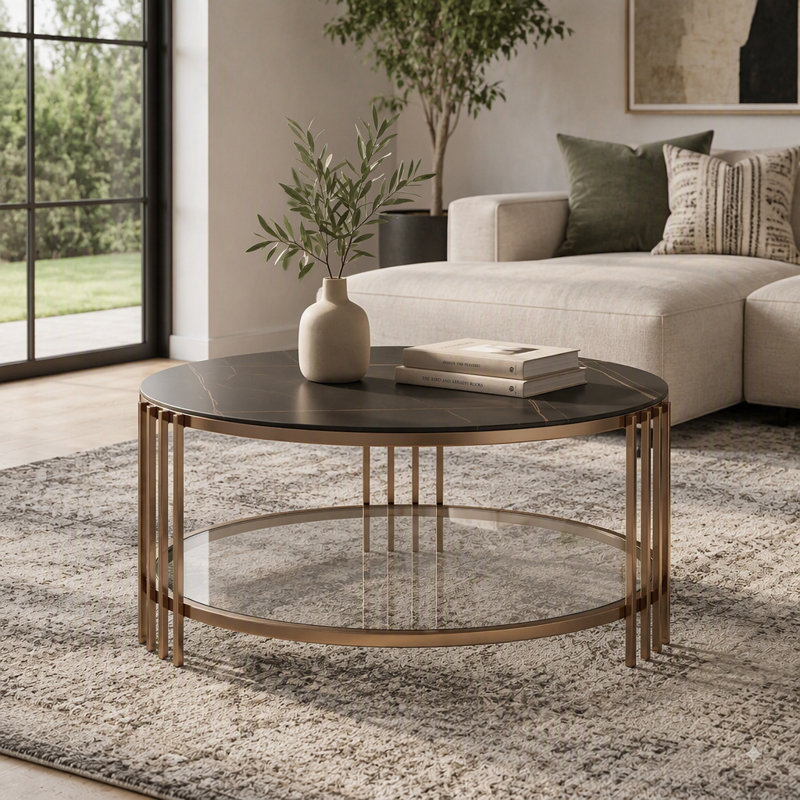 Table basse ronde en pierre frittée couleur champagne