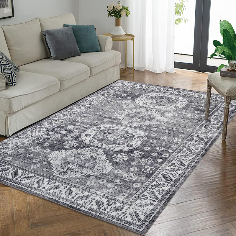 Tapis oriental gris en polyester fabriqué à la machine Corfu, Rectangle 3 pi x 5 pi