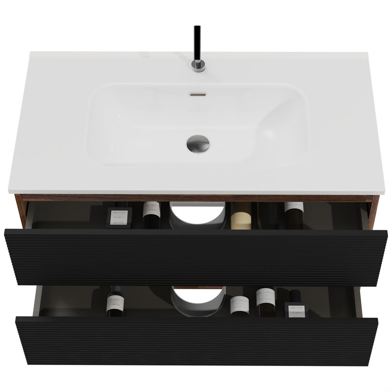 Meuble-lavabo mural mural avec lavabo en céramique intégré et trop-plein, Noir, 36"