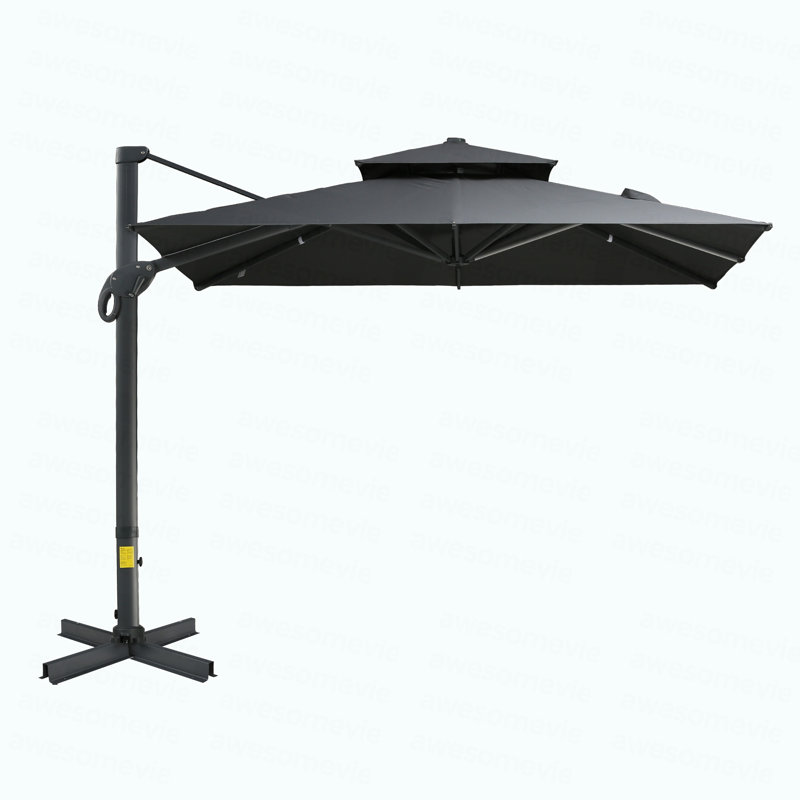 Parasol de patio décalé 10 pi, porte-à-faux suspendu, forme carrée, base croisée en aluminium, inclinable, rotation à 360 degrés, gris