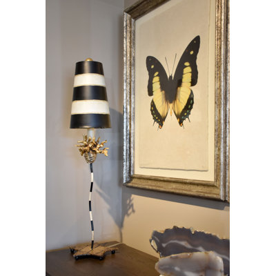 Hardtner La Fleur Buffet Table Lamp in Black & White Striped Shade with Distressed Gold Accents