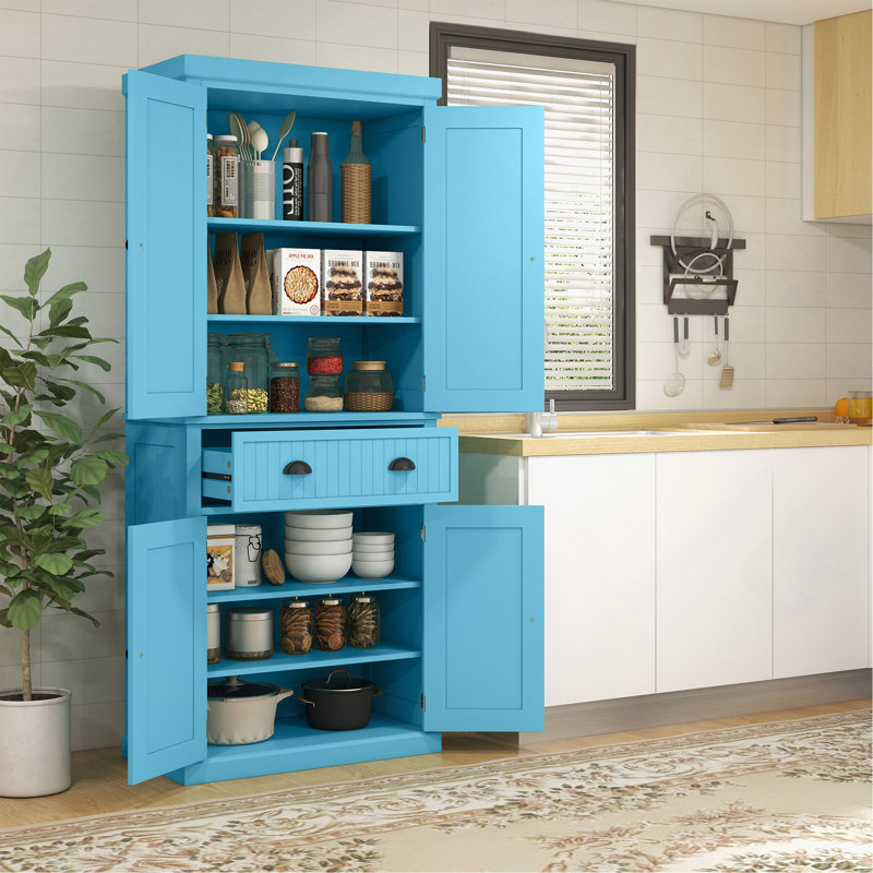 Garde-manger de 72 po, armoire de rangement autoportante haute, armoire traditionnelle avec 4 portes, tiroir et 3 tablettes réglables pour la salle à manger, bleu clair Cabinet