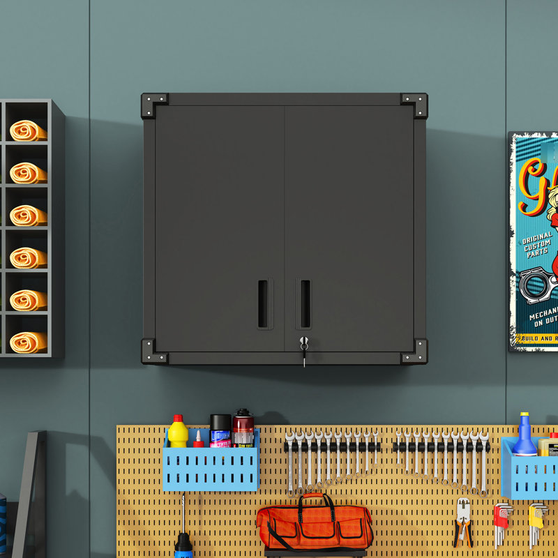 Armoire murale en métal pour garage, bureau. 2 portes verrouillables, 1 tablette réglable, tiroir ouvert. Métal robuste, design moderne, rangement noir avec système de fixation. Pour le garage. Gain de place