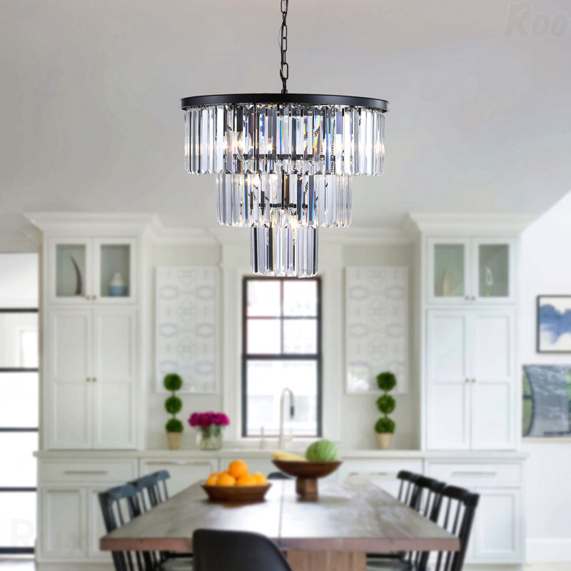 Plafonnier - lustre en cristal de luxe à 3 niveaux de 20 po, cadre à 7 lumières au fini noir