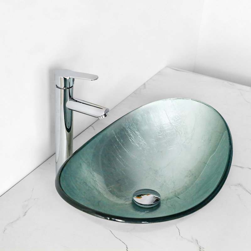 21.5" Glass Oval Vessel Bathroom Sink with Pop-Up Drain, Silver
