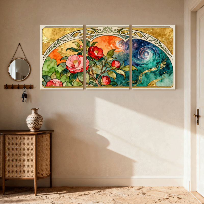 Floral camélia et ciel cosmique, ensemble de 3 impressions d'art sur toile, H 30 po x l 60 po