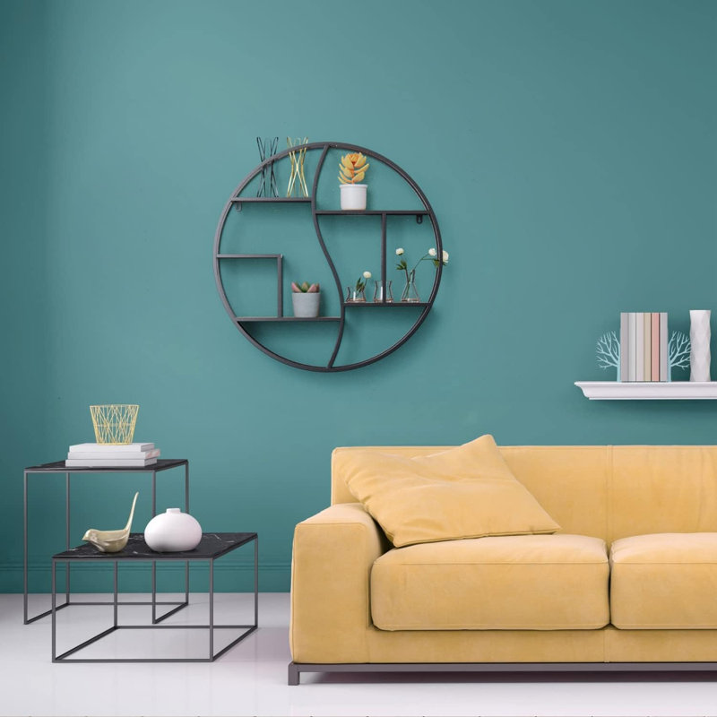 Round Floating Shelf Wall Mounted - Metal Frame With Vintage Wood Display Organizer For Living Room, Bathroom, Fireplace Decor