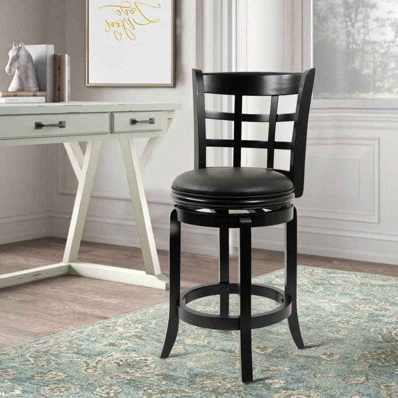 Elegant Sabi 24" Swivel Counter Stool in Black Vegan Leather and Solid Wood