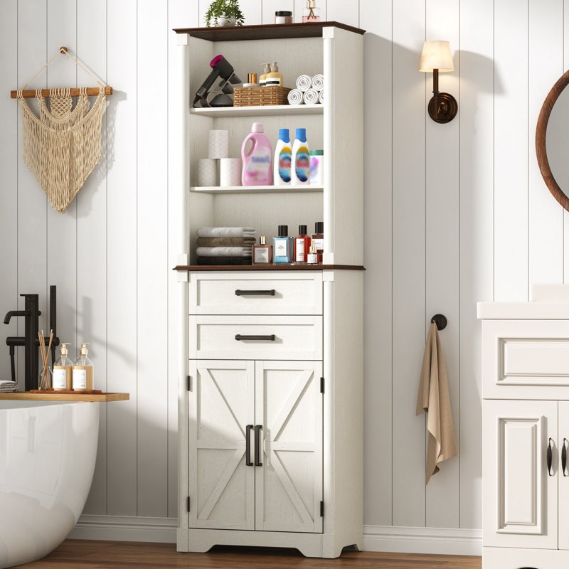 Farmhouse Tall Bathroom Storage Cabinet, Towel Storage Cabinet With 2 Drawers & Barn Doors, Roman Column Decor, Bathroom Cabinets Freestanding