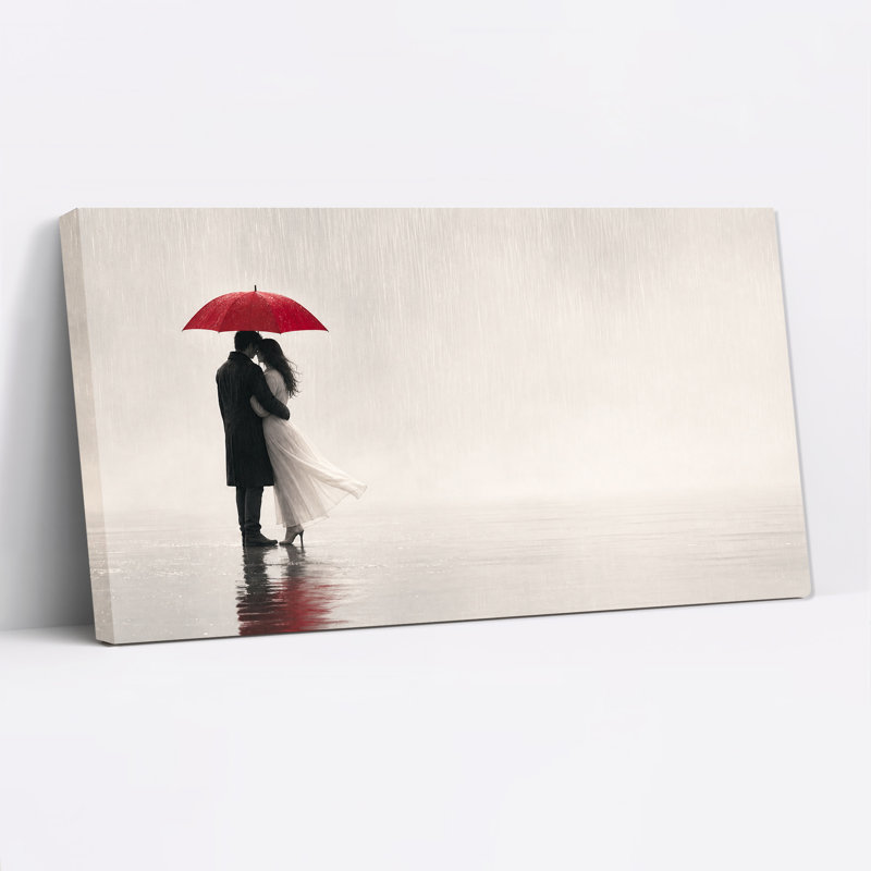 Couple sous parapluie rouge sous la pluie avec reflet, tableau sur toile, 20"W x 10"H