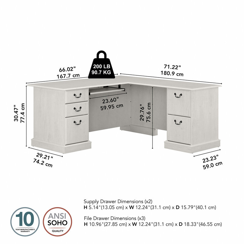 Raker Reversible L-Shape Computer Desk with Drawers, Linen White Oak