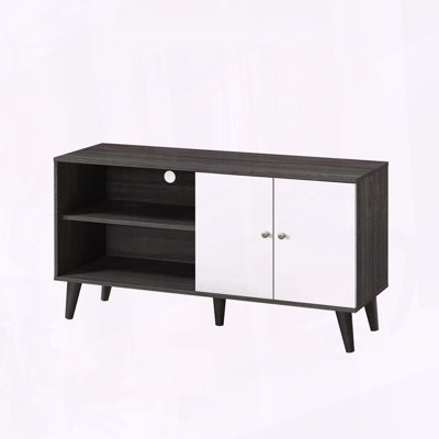 Meuble télé Mid-Century moderne avec armoire de rangement pour téléviseur de 47,3 po ou moins en gris foncé et blanc