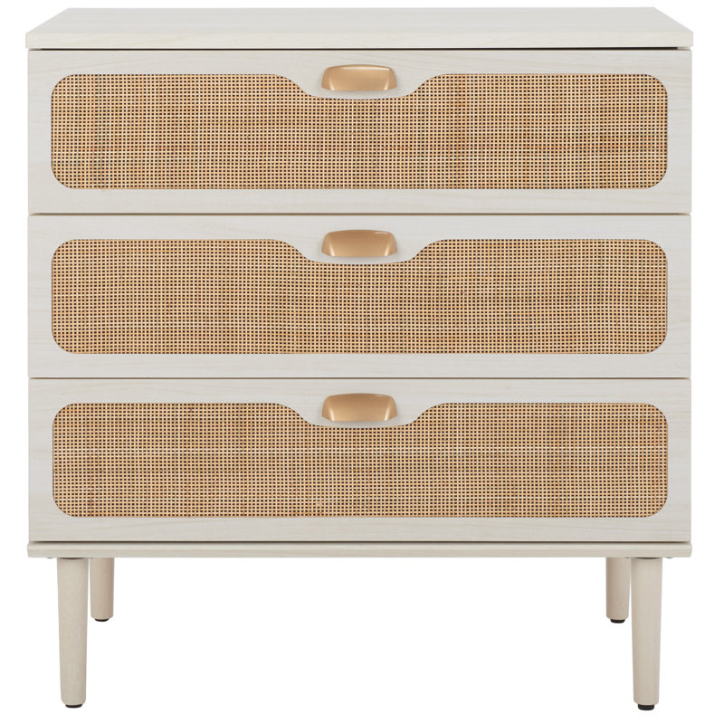 Commode 3 tiroirs Irelia, Blanc blanchi / rotin naturel