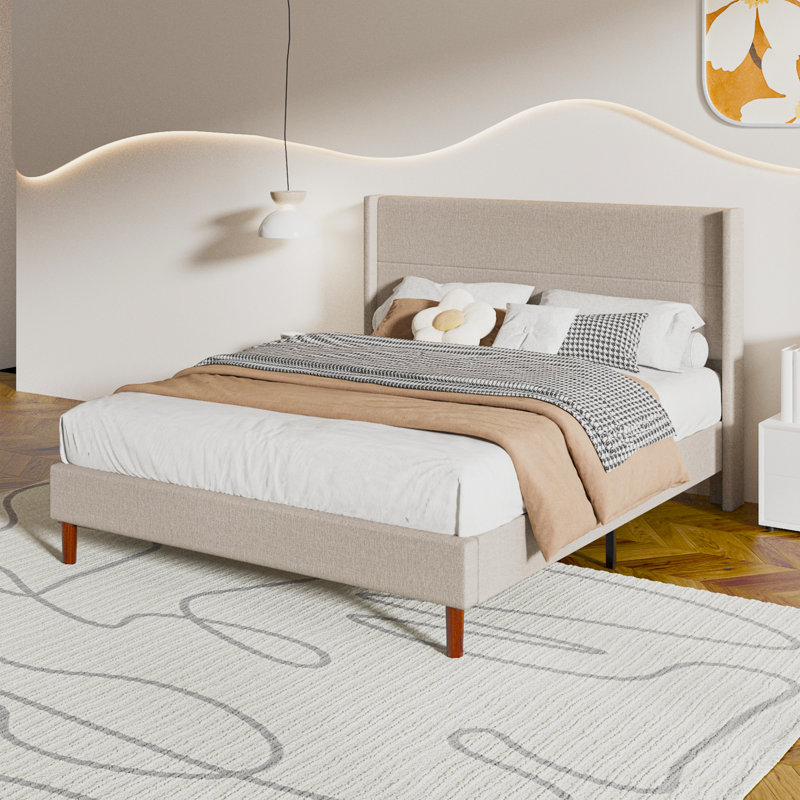 Structure de lit grand, plateforme tapissier en lin avec tête de lit à oreilles, support de lattes en bois, aucun sommier requis, assemblage facile, beige
