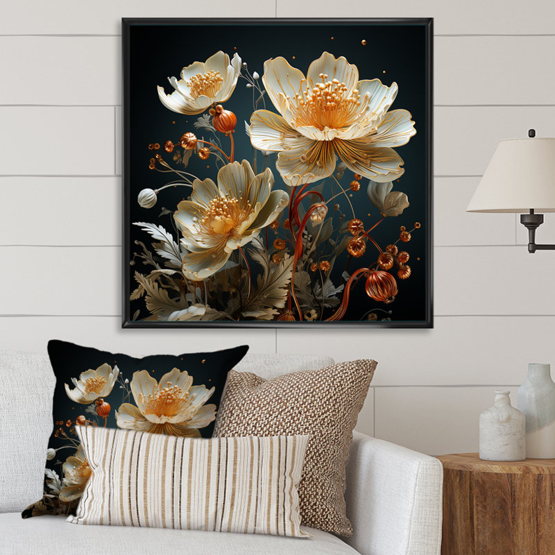 Botanique beige rétro sur toile, Cadre flottant noir, H 30 po x l 30 po