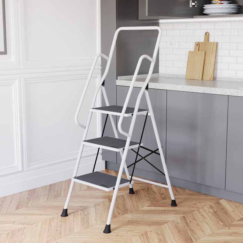 4.4ft Steel 3 Step Ladder With Safety Handrail Foldable Safety Non Slip Matt Safe Heavy Duty