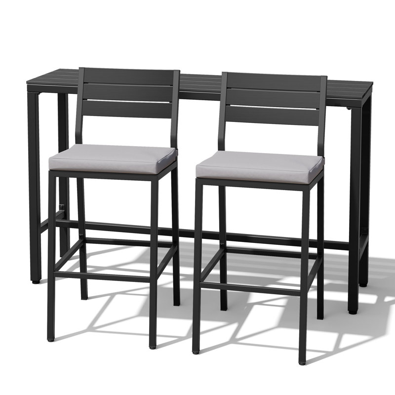Ensemble de bar de patio en métal pour 2 personnes avec coussin amovible, 140 cm (L) x 40 cm (P), Gris, Noir