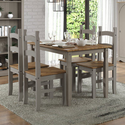 Archibold 4-Person Pine Solid Wood Dining Set, Grey and Antique Wax Finish with Plank Design Tabletop