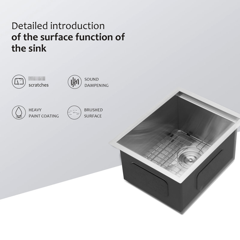 Évier de cuisine encastré 15 po 15 po x 19 po x 10 po, modèle de poste de travail en acier inoxydable, type de version T304 16G, fonction limitant le bruit, fonction de drain sans effort, évier décoratif en nickel brossé,