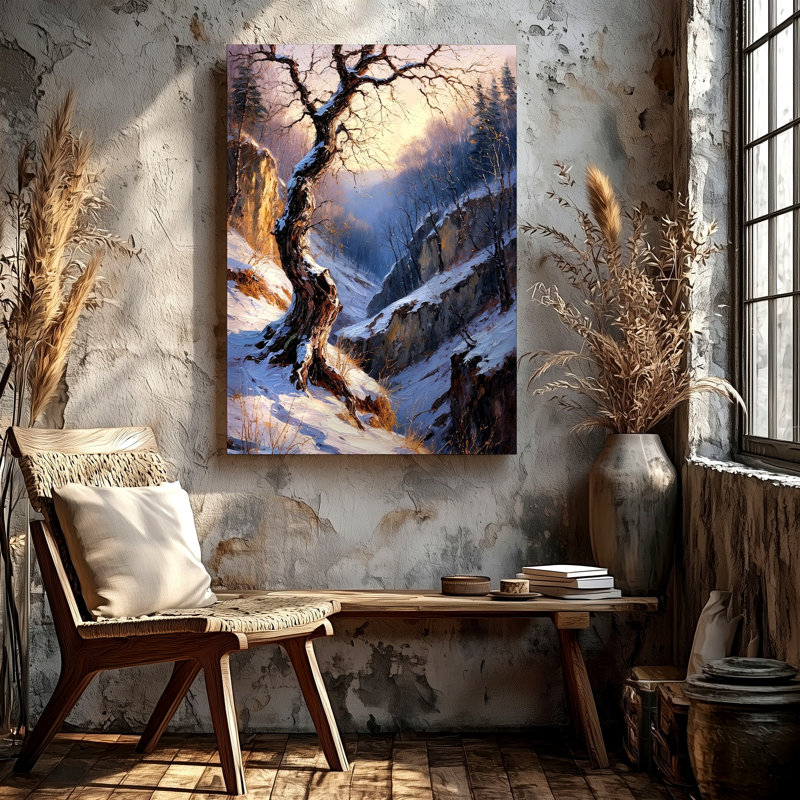 «Winter Landscape Snowy Canyon Bare Tree Rustic Nature», reproduction d'art sur toile, paysage rustique, décoration pour chambre à coucher, salon, bureau, galerie, décoration murale