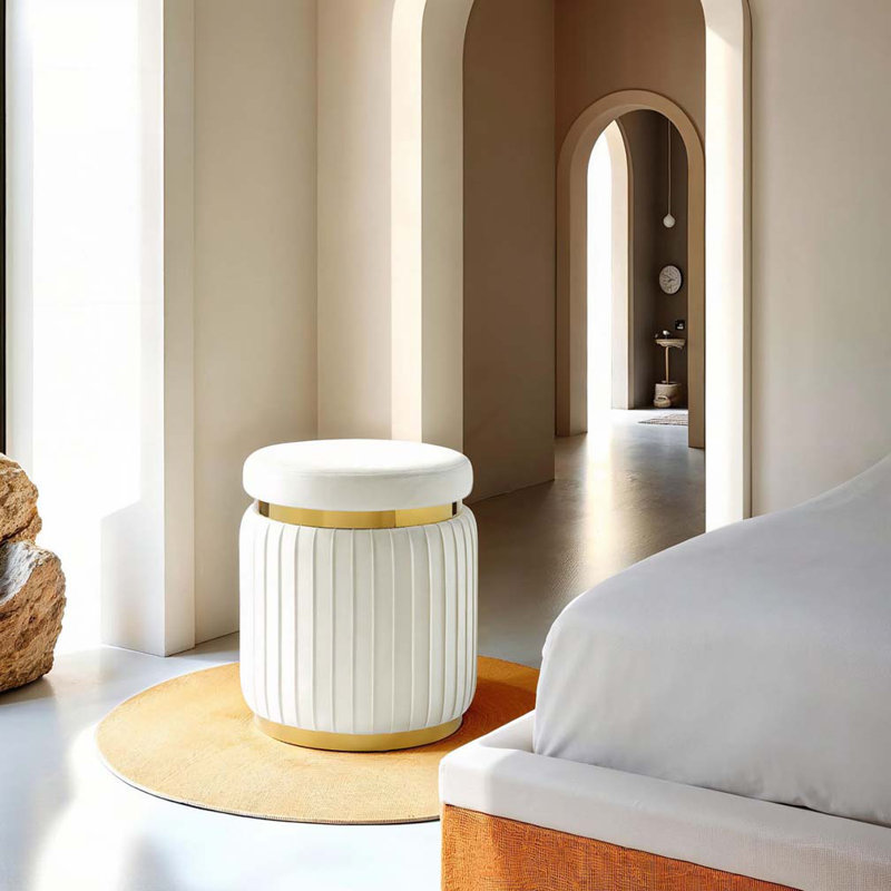 Round Accent Stool Stainless Steel Gold Trim Velvet Fabric