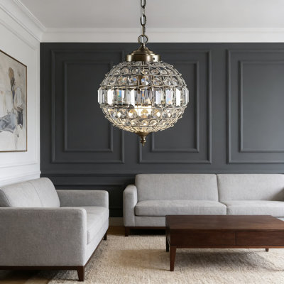 Modern Crystal LED Pendant Light With Antique Brass Finish, Clear Globe Shade Chandelier For Kitchen Island, Dining Room, And Entryway Ceiling Lighting