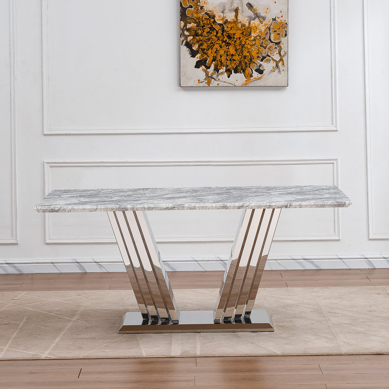 Table de salle à manger en marbre pour 6 personnes, table de salle à manger rectangulaire en faux marbre 70 po avec base en acier inoxydable à finition miroir, table de cuisine moderne en marbre de grande taille (argent, gris)