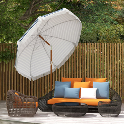 45 Degree Tiltable Blue Striped Outdoor Parasol With Ventilated Canopy And Fringed Ruffles For Patio Enjoyment 7x7 Ft Tilt Option Ventilation - Flounce Relaxation