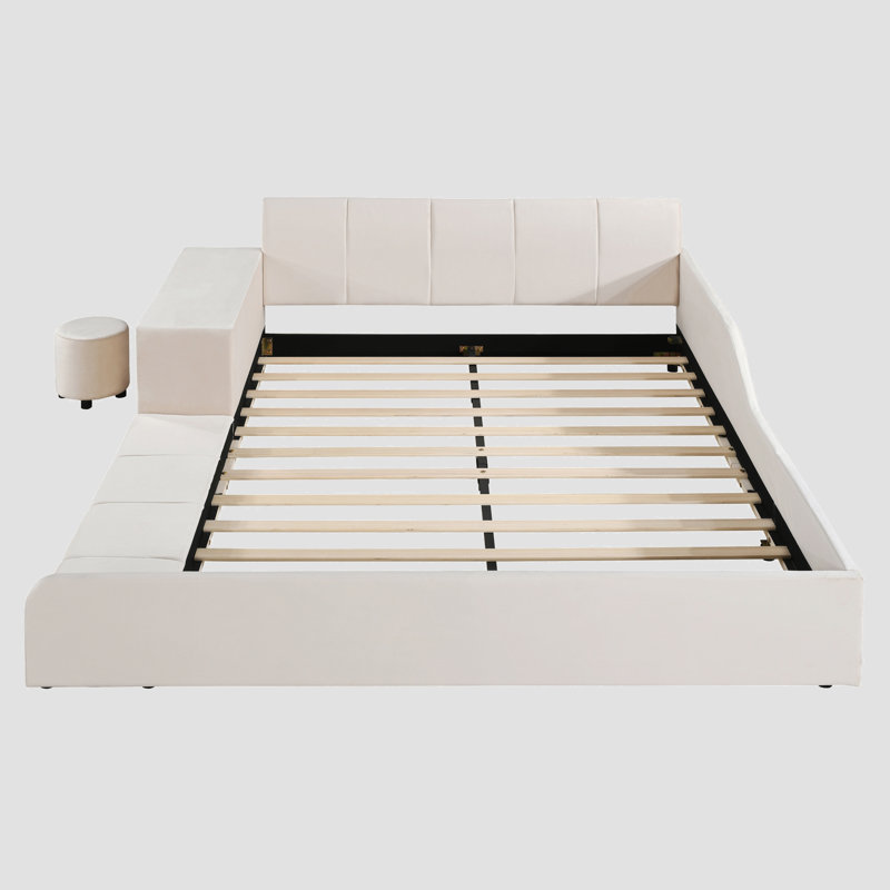 Lit tapissier bas standard avec bureau de chevet et tabouret rond, lit pour mère et enfant, Grand lit, Beige
