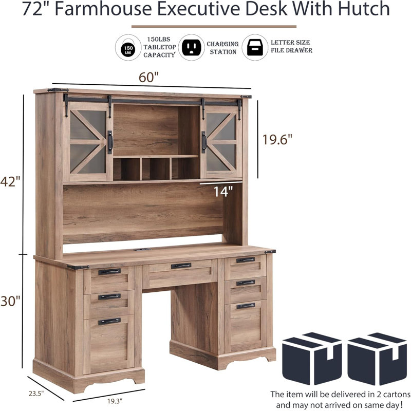 Hirth 60"W Farmhouse Desk With Hutch, Wood Executive Desk With Sliding Barn Doors, 2 Storage Cabinet, Rustic Natural Oak