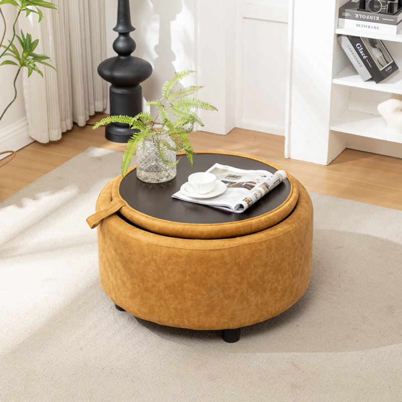 Savinien Upholstered Round Storage Ottoman, Yellow Performance Faux Leather