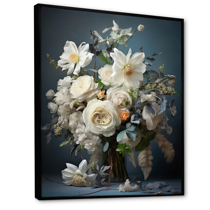 Captola blanc bleu saisonnier fleurs Seasonal Elegance II - impression, H 20 po x l 12 po x P 1 po, Cadre flottant noir
