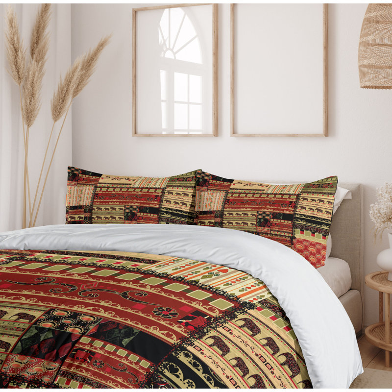 Queen Red Green Black Patchwork Elephant Duvet Set