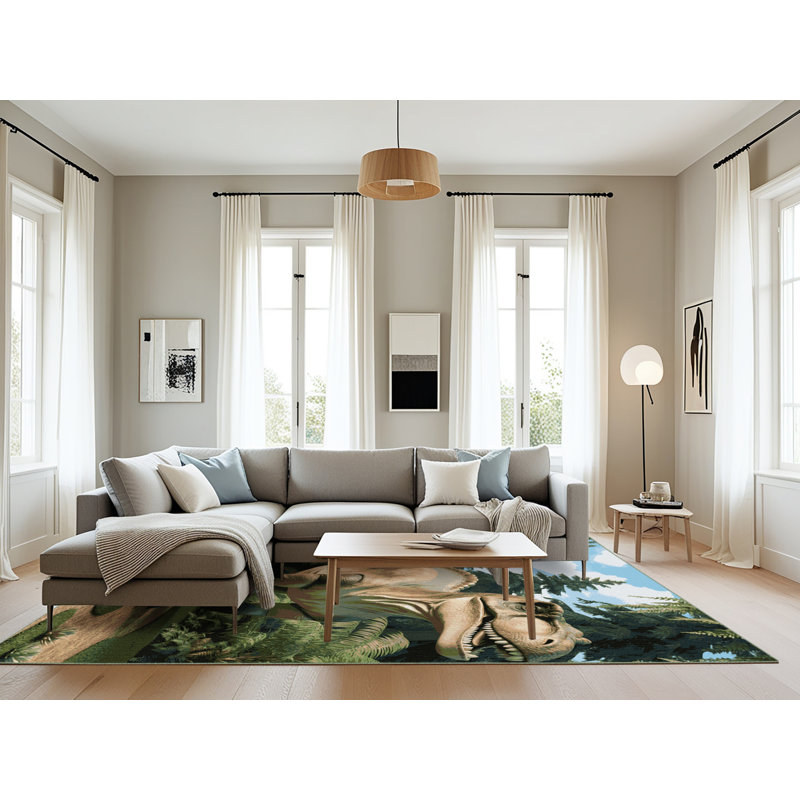 Tapis vert dinosaures lavable à la machine, Rectangle 8 pi x 12 pi
