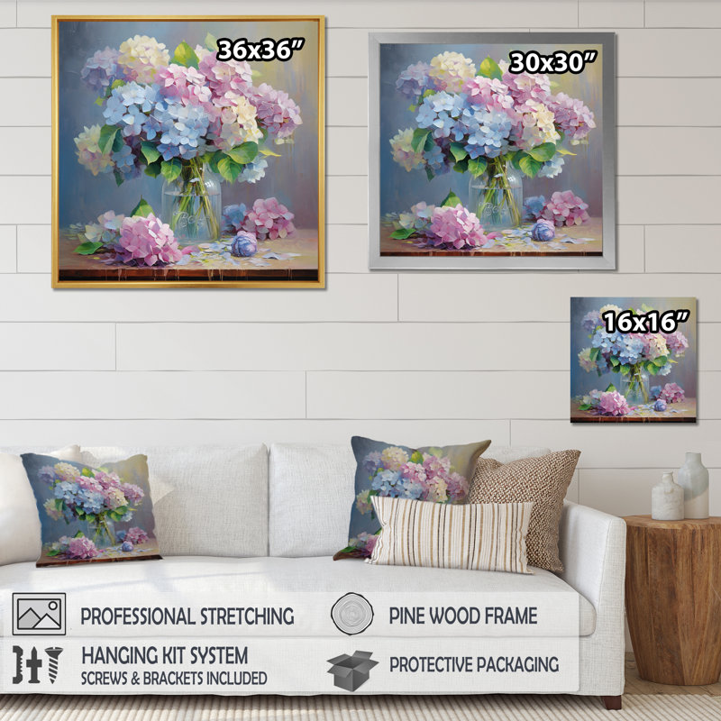 Nature morte vase hortensia bouquet pastel doux I - impressions sur toile hortensia, H 30 po x l 30 po x P 1 po