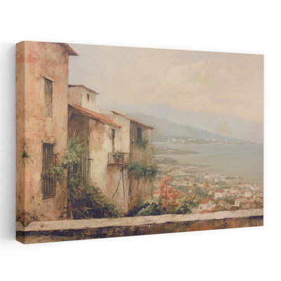 «Sunlit Coastal Village View Peaceful Rustic Tranquil Architecture Coastal», reproduction d'art mural