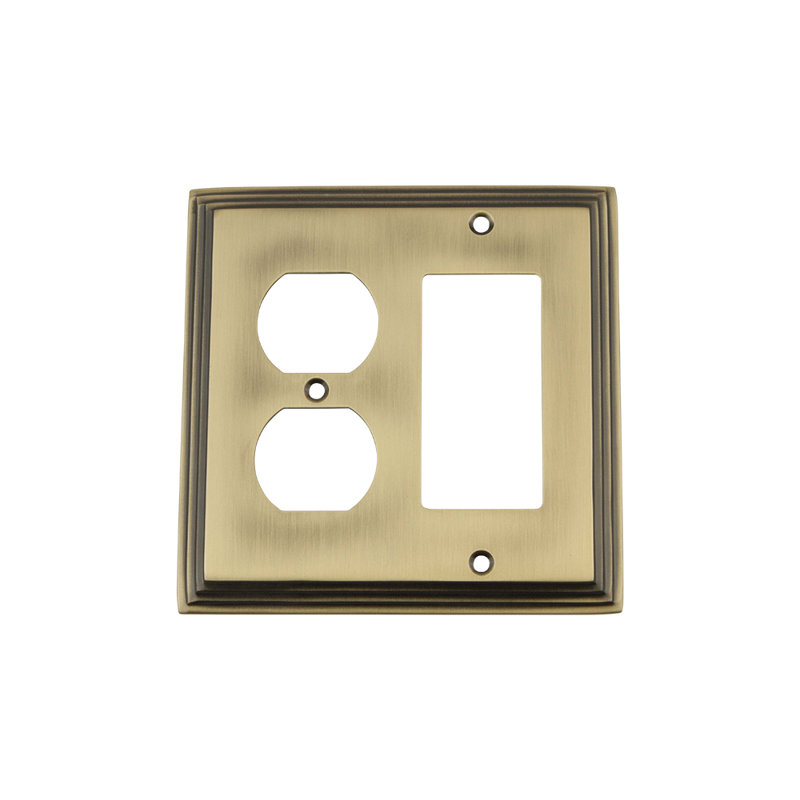 Deco 2-Gang Duplex Outlet / Rocker Combination Wall Plate, Antique Brass