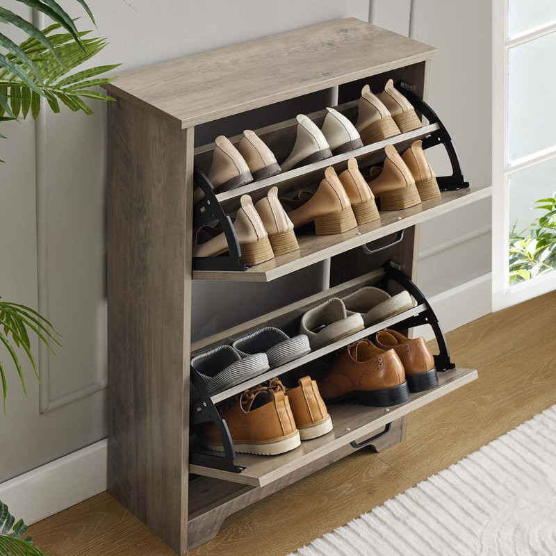 Shoe Cabinet For Entryway With 2 Flip Drawers, Wooden Shoe Storage Cabinet, 2 Tier Freestanding, Elegant Slim Shoe Organizer For Entryway, Hallway, Living Room
