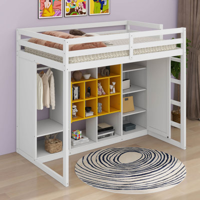 Wood Loft Bed With Wardrobe And Reversible Staircase,Multi-Function Bed Frame W/Shelves & Cabinet