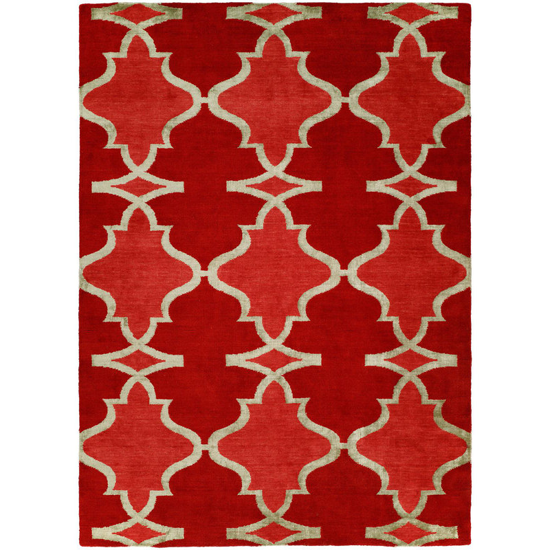 Tapis décoratif rouge nouée à la main à motif Damas Viraj, Rectangle 2 pi x 3 pi